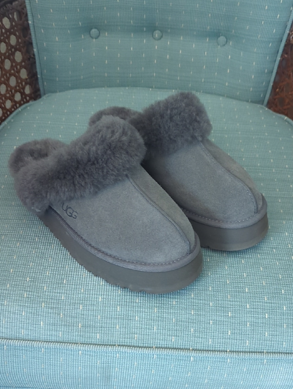 UGG Women's Charcoal Suede Shearling Clog Slippers